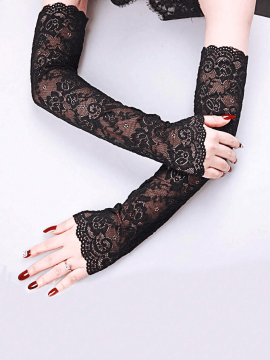 1 Pair Fashionable Women's Simple Long Ice Silk Lace Arm Sleeves For Sun Protection And Breathability In Summer - Lolli World Marketplace
