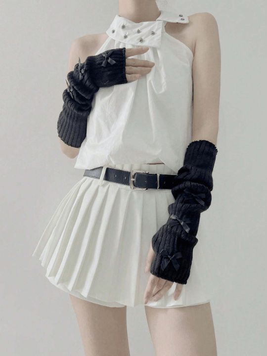 1 Pair Fashionable Y2k Ballet Flats Style Bowknot Arm Warmers Fingerless Gloves Available In Gothic & Punk Knitted Gloves Suit For Cosplay/Party/Date/Music Festival, Spring/Summer - Lolli World Marketplace