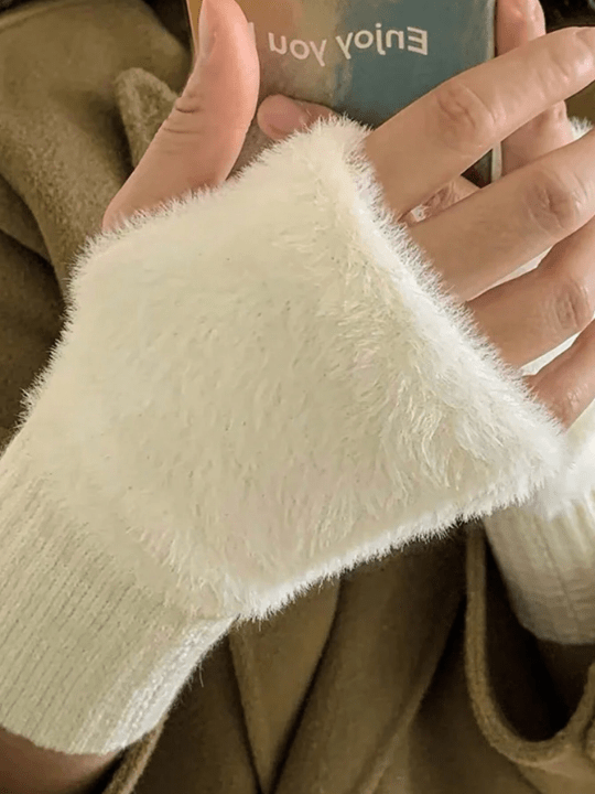 1 Pair Mink Fleece Soft Winter Half Finger Gloves Women Warm Luxury Solid White Plush Knitted Fingerless Gloves Wrist Mittens Writting - Lolli World Marketplace