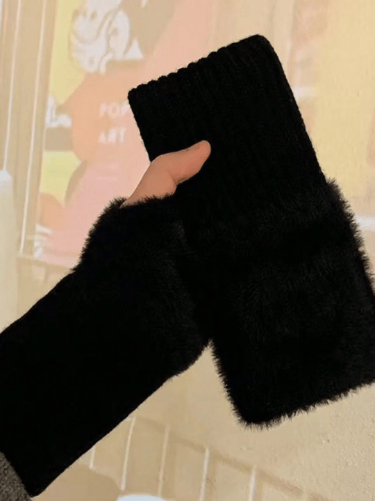 1 Pair Mink Fleece Soft Winter Half Finger Gloves Women Warm Luxury Solid White Plush Knitted Fingerless Gloves Wrist Mittens Writting - Lolli World Marketplace