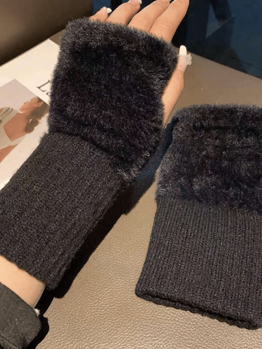 1 Pair Mink Fleece Soft Winter Half Finger Gloves Women Warm Luxury Solid White Plush Knitted Fingerless Gloves Wrist Mittens Writting - Lolli World Marketplace