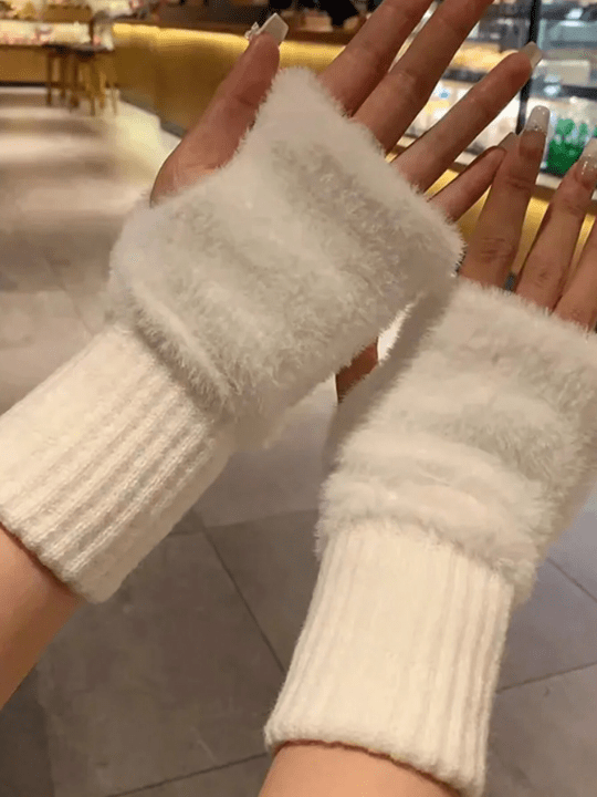 1 Pair Mink Fleece Soft Winter Half Finger Gloves Women Warm Luxury Solid White Plush Knitted Fingerless Gloves Wrist Mittens Writting - Lolli World Marketplace