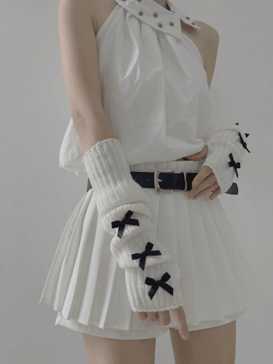 1 Pair Women's Ballet Style White Arm Warmer And Black Knitted Gloves For Warm In Autumn And Winter, Decorated With Bow - knot, Using Y2k And Japanese Style, Suitable For Daily Wear/dating/home/outdoor Activities. - Lolli World Marketplace