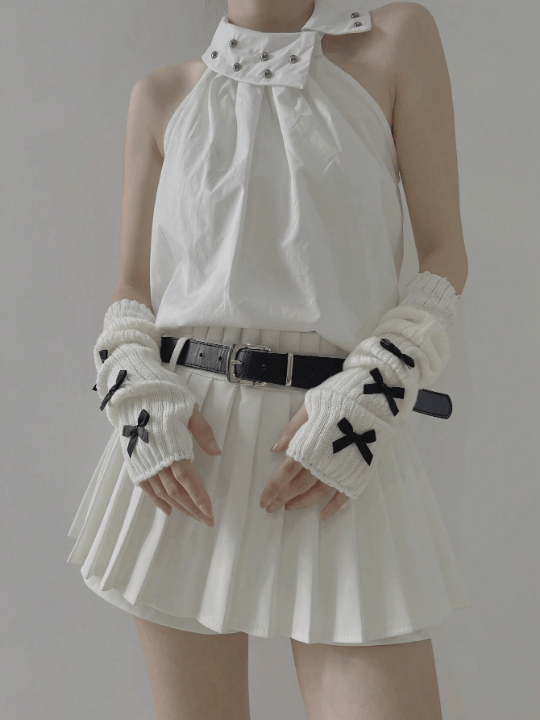 1 Pair Women's Ballet Style White Arm Warmer And Black Knitted Gloves For Warm In Autumn And Winter, Decorated With Bow - knot, Using Y2k And Japanese Style, Suitable For Daily Wear/dating/home/outdoor Activities. - Lolli World Marketplace