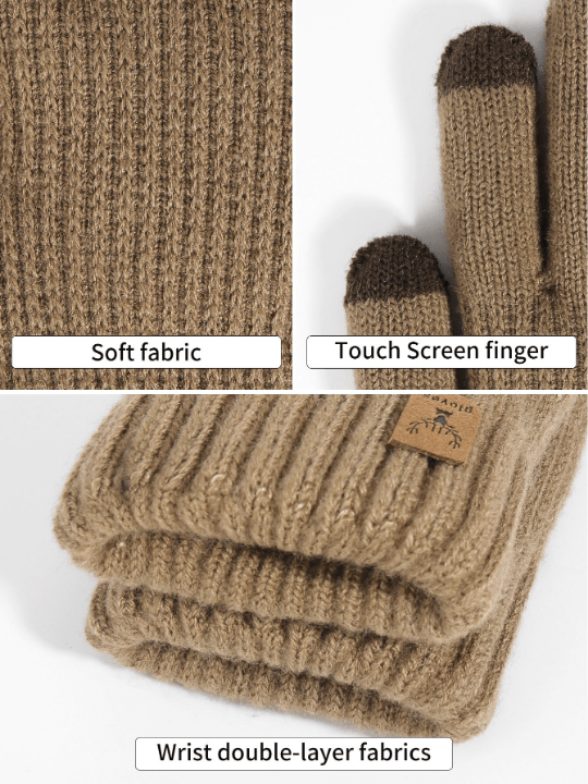 1 Pair Women's Coffee Winter Double - layered Plush Touch Screen Texting Gloves, Knitted Deer Design Cold Weather Warm Full Gloves Suitable For Parties, Driving, Playing Games, Riding Bikes, Hiking, Writing - Lolli World Marketplace