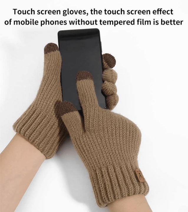 1 Pair Women's Coffee Winter Double - layered Plush Touch Screen Texting Gloves, Knitted Deer Design Cold Weather Warm Full Gloves Suitable For Parties, Driving, Playing Games, Riding Bikes, Hiking, Writing - Lolli World Marketplace