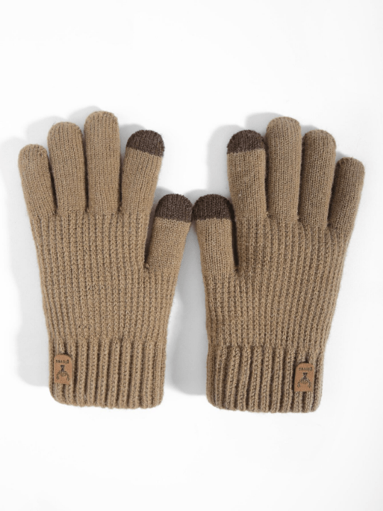 1 Pair Women's Coffee Winter Double - layered Plush Touch Screen Texting Gloves, Knitted Deer Design Cold Weather Warm Full Gloves Suitable For Parties, Driving, Playing Games, Riding Bikes, Hiking, Writing - Lolli World Marketplace