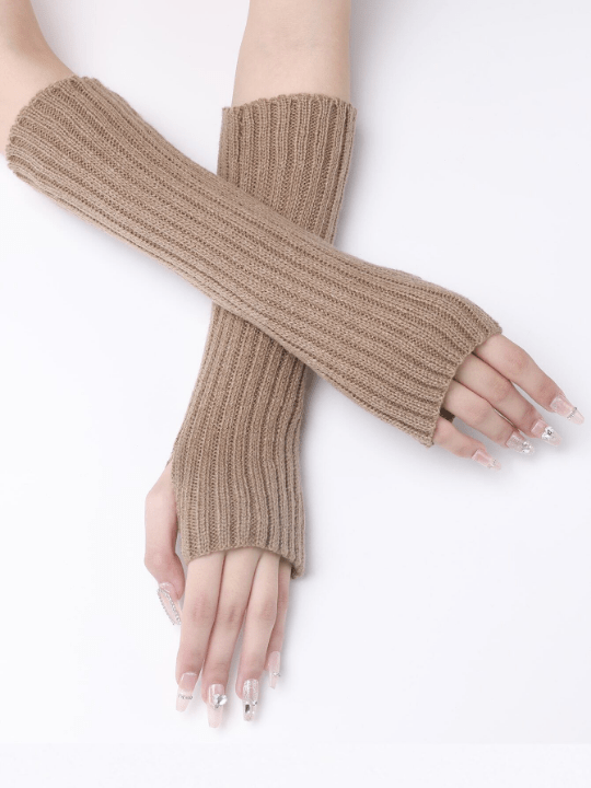 1 Pair Women's Khaki Striped Woolen Yarn Knitted Long False Sleeves Warm Half Finger Exposed Fingers Arm Warmer - Lolli World Marketplace