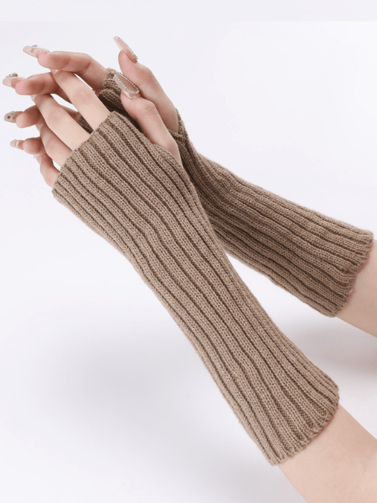1 Pair Women's Khaki Striped Woolen Yarn Knitted Long False Sleeves Warm Half Finger Exposed Fingers Arm Warmer - Lolli World Marketplace