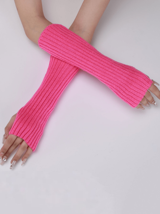 1 Pair Women's Knitted Arm Warmers With Faux Sleeves, Fingerless & Thumb Hole Design, Pink Stripes - Lolli World Marketplace