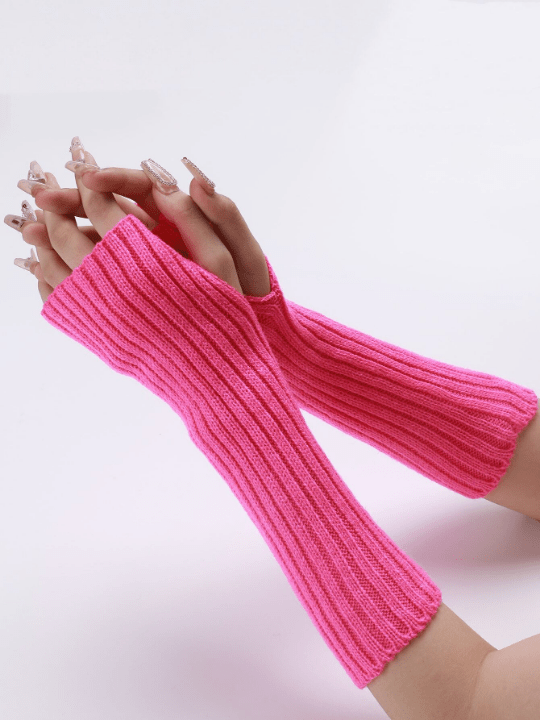 1 Pair Women's Knitted Arm Warmers With Faux Sleeves, Fingerless & Thumb Hole Design, Pink Stripes - Lolli World Marketplace