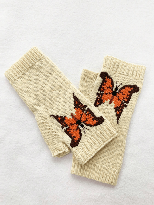 1 Pair Women's Orange Butterfly Decor Knitted Half Finger Wool Gloves For Daily Use In Spring And Autumn - Lolli World Marketplace