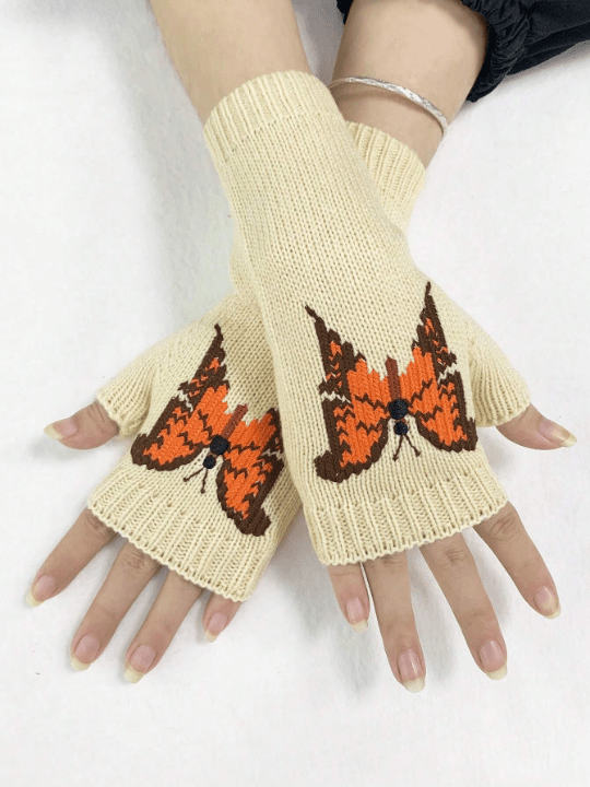 1 Pair Women's Orange Butterfly Decor Knitted Half Finger Wool Gloves For Daily Use In Spring And Autumn - Lolli World Marketplace