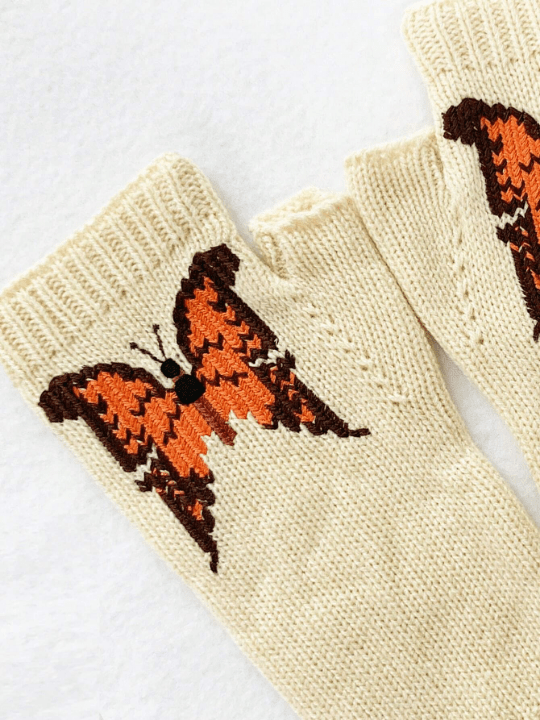 1 Pair Women's Orange Butterfly Decor Knitted Half Finger Wool Gloves For Daily Use In Spring And Autumn - Lolli World Marketplace