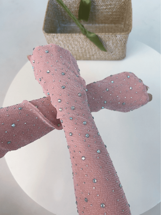 1 Pair Women's Pink Sparkling Diamond Iced Silk Arm Sleeve With Gold & Silver Thread, Shine Mesh Lace Sun Protection Arm Cover - Lolli World Marketplace