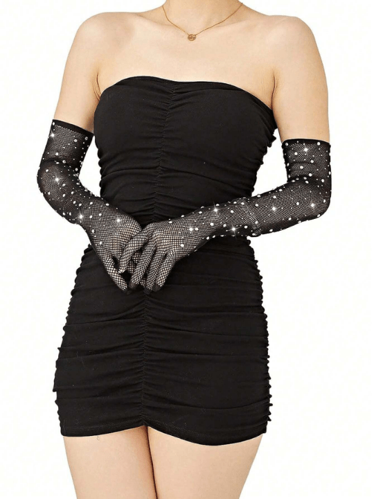 1 Pair Women's Sexy Rhinestone Fishnet Gloves And Arm Warmer, Multicolor - Lolli World Marketplace