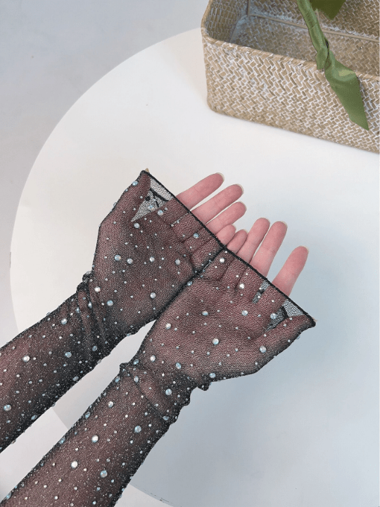 1 Pair Women's Sun Protection Arm Sleeves, Shiny Rhinestone Ice And Gold/silver Thread, Thin Lace Sheer Sleeve Cover - Lolli World Marketplace