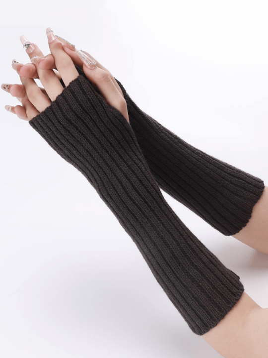 1 Pair Women's Warm Knitted Half Finger & Fingerless Arm Warmers With Faux Sleeves, Mid - length Striped Gray - Lolli World Marketplace