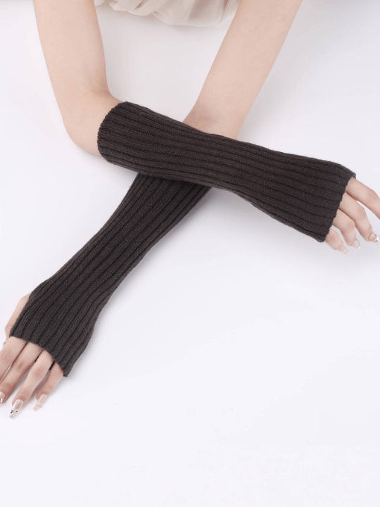 1 Pair Women's Warm Knitted Half Finger & Fingerless Arm Warmers With Faux Sleeves, Mid - length Striped Gray - Lolli World Marketplace