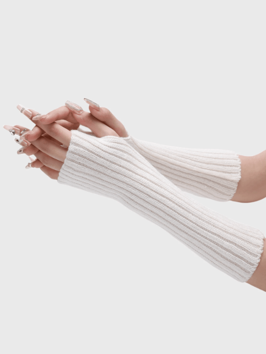 1 Pair Women's White Striped Knitted Arm Warmers With Faux Sleeves, Fashionable Knit Half - finger Gloves - Lolli World Marketplace