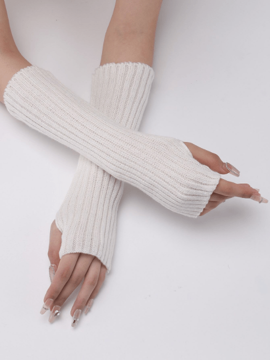 1 Pair Women's White Striped Knitted Arm Warmers With Faux Sleeves, Fashionable Knit Half - finger Gloves - Lolli World Marketplace