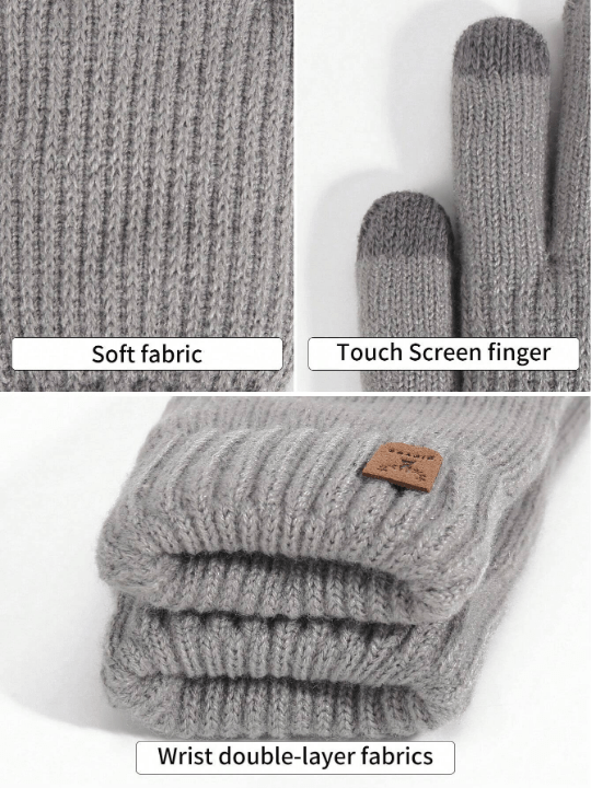 1 Pair Women's Winter Gray Touch Screen Gloves With Double Layers, Thick & Warm, Deer Skin Label Style, Knitted Full Finger Gloves Suitable For Party, Driving, Gaming, Cycling, Hiking, Writing - Lolli World Marketplace