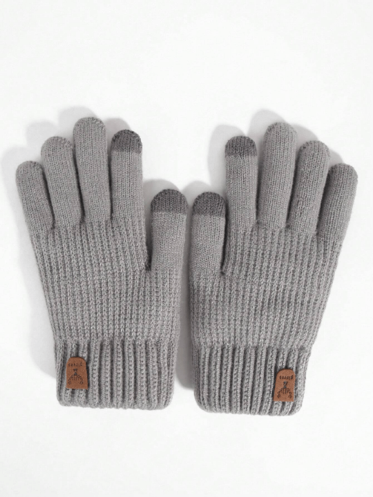 1 Pair Women's Winter Gray Touch Screen Gloves With Double Layers, Thick & Warm, Deer Skin Label Style, Knitted Full Finger Gloves Suitable For Party, Driving, Gaming, Cycling, Hiking, Writing - Lolli World Marketplace