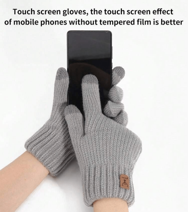 1 Pair Women's Winter Gray Touch Screen Gloves With Double Layers, Thick & Warm, Deer Skin Label Style, Knitted Full Finger Gloves Suitable For Party, Driving, Gaming, Cycling, Hiking, Writing - Lolli World Marketplace