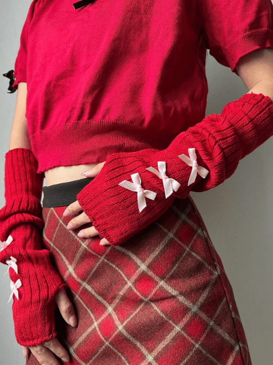 1 Pair Women's Y2k Fashionable Arm Sleeves With Bowknot & Exposed Fingers For Ballet Style, Gothic/Punk Knitted Gloves Suitable For Cosplay/Party/Dating/Music Festival, Spring/Summer - Lolli World Marketplace