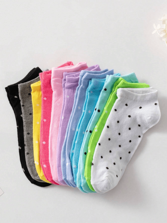 10 Pairs/Pack Women's Candy Color Polka Dot Soft & Comfortable Casual Ankle Socks, Suitable For Daily Life (Random Colors) - Lolli World Marketplace