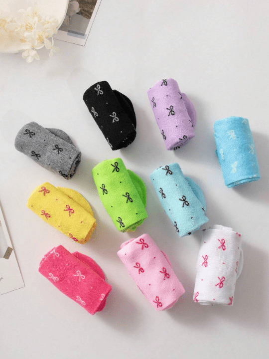 10pairs Women's Candy Colored Patterned Socks With Bowknot Decoration Soft & Comfortable Casual Ankle Socks, Suitable For Daily Life, Colors Are Randomly Sent - Lolli World Marketplace