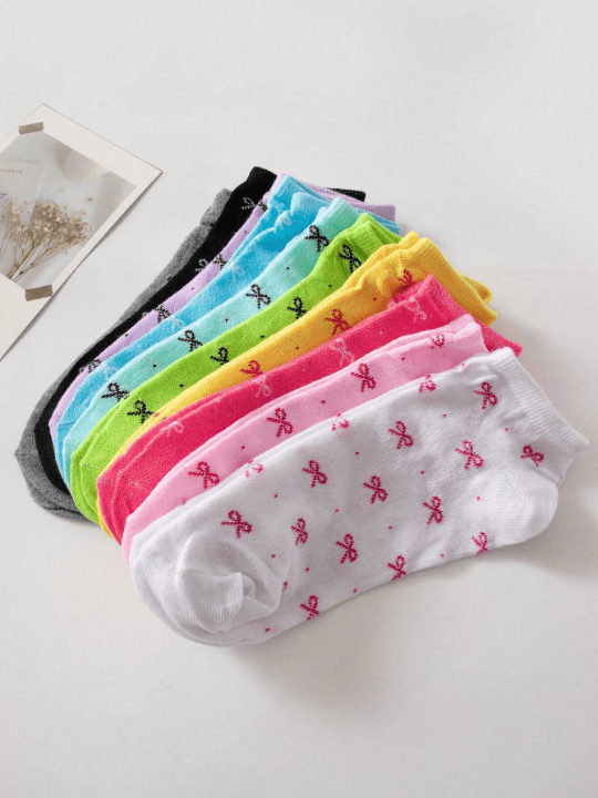 10pairs Women's Candy Colored Patterned Socks With Bowknot Decoration Soft & Comfortable Casual Ankle Socks, Suitable For Daily Life, Colors Are Randomly Sent - Lolli World Marketplace