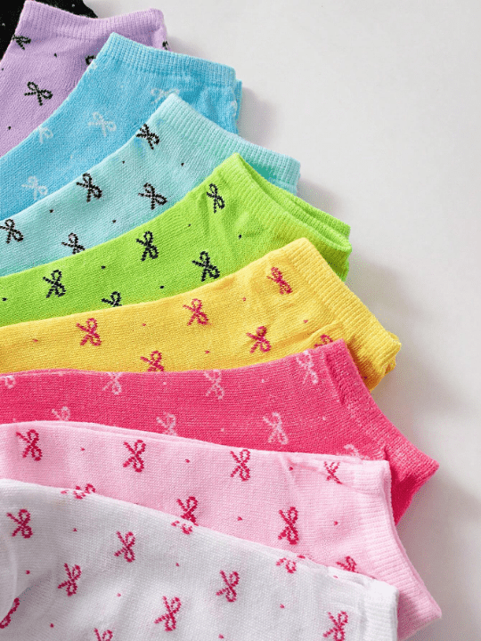 10pairs Women's Candy Colored Patterned Socks With Bowknot Decoration Soft & Comfortable Casual Ankle Socks, Suitable For Daily Life, Colors Are Randomly Sent - Lolli World Marketplace