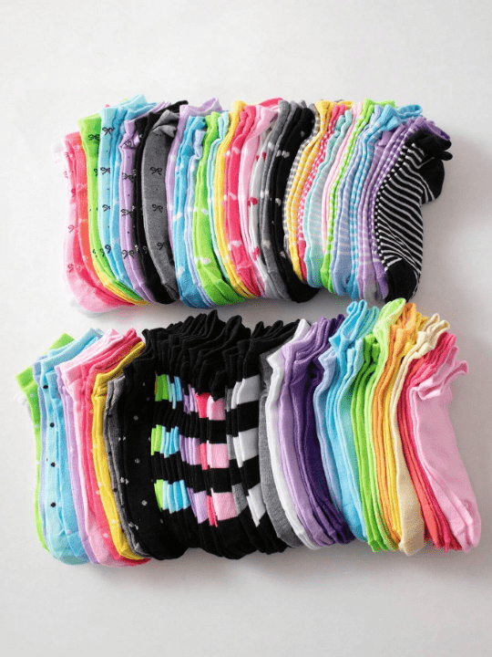 10pairs Women's Candy - Colored Short Socks With Bowknot, Heart & Stripe Pattern, Soft & Comfortable, Suitable For Daily Wear, Random Color - Lolli World Marketplace