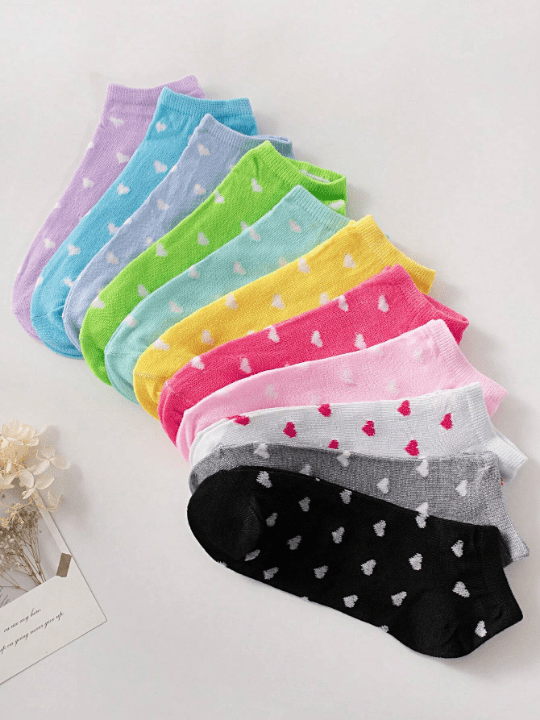 10pairs Women's Candy - Colored Short Socks With Bowknot, Heart & Stripe Pattern, Soft & Comfortable, Suitable For Daily Wear, Random Color - Lolli World Marketplace