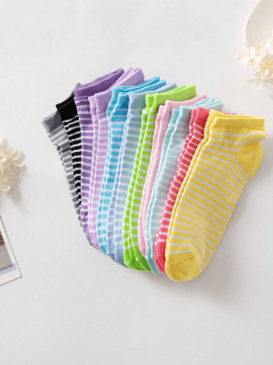 10pairs Women's Candy - Colored Short Socks With Bowknot, Heart & Stripe Pattern, Soft & Comfortable, Suitable For Daily Wear, Random Color - Lolli World Marketplace