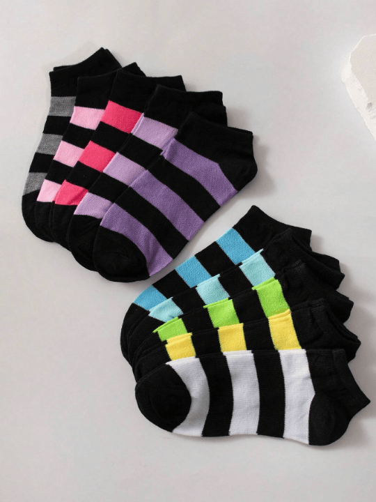 10pairs/Pack Women's Short Socks Candy Color Thick Stripe Casual Soft And Comfortable Ankle Socks Suitable For Daily Life Random Color - Lolli World Marketplace
