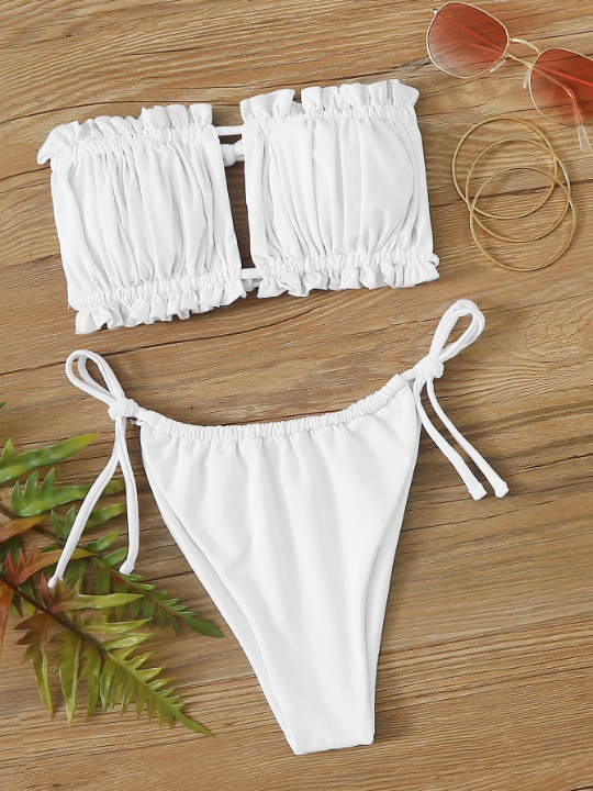 Swim Basics Ruched Bikini Set Frill Trim Tie Back Bandeau Top & Tie Side Bottom 2 Piece Bathing Suit