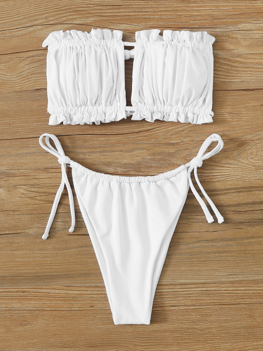 Swim Basics Ruched Bikini Set Frill Trim Tie Back Bandeau Top & Tie Side Bottom 2 Piece Bathing Suit