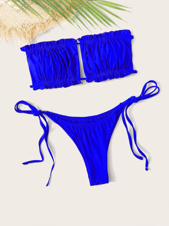 Swim Vcay Ruched Frill Bandeau Tie Side Bikini Swimsuit