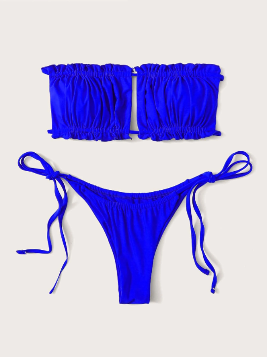 Swim Vcay Ruched Frill Bandeau Tie Side Bikini Swimsuit