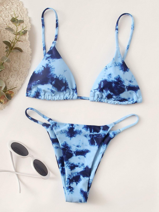 Swim Vcay Tie Dye Bikini Set Triangle Bra & Tanga Bottom 2 Piece Bathing Suit