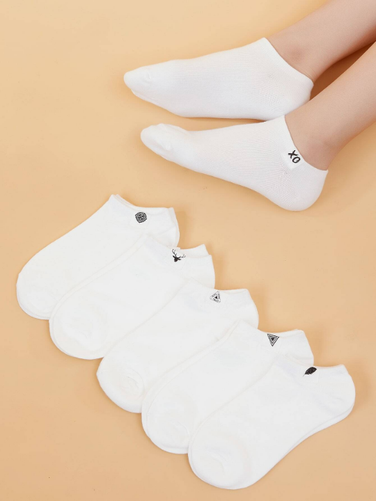 6pairs Letter & Triangle Pattern Patched White Socks