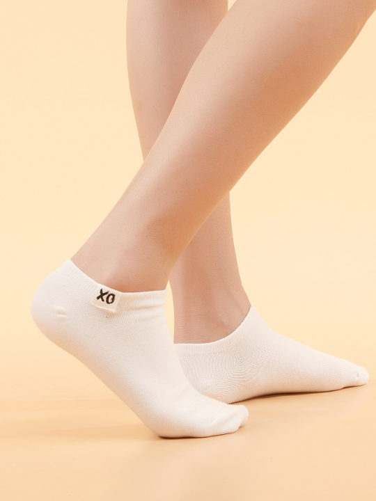 6pairs Letter & Triangle Pattern Patched White Socks