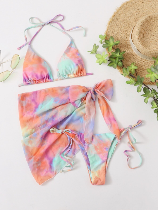 Swim Vcay 3pack Tie Dye Triangle Bikini Swimsuit & Beach Skirt