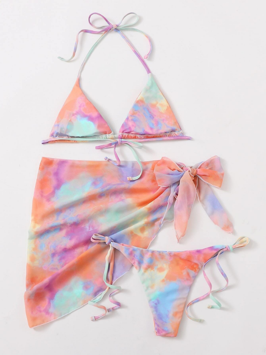 Swim Vcay 3pack Tie Dye Triangle Bikini Swimsuit & Beach Skirt