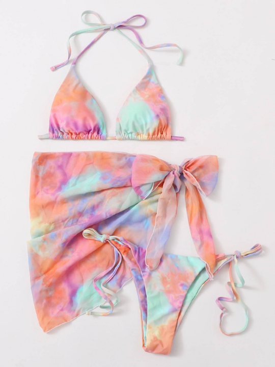 Swim Vcay 3pack Tie Dye Triangle Bikini Swimsuit & Beach Skirt