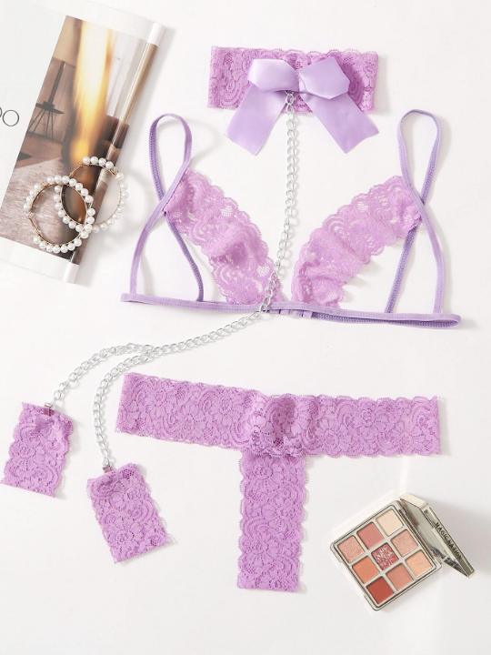 Cut-out Lace Lingerie Set & Choker & Cuffs