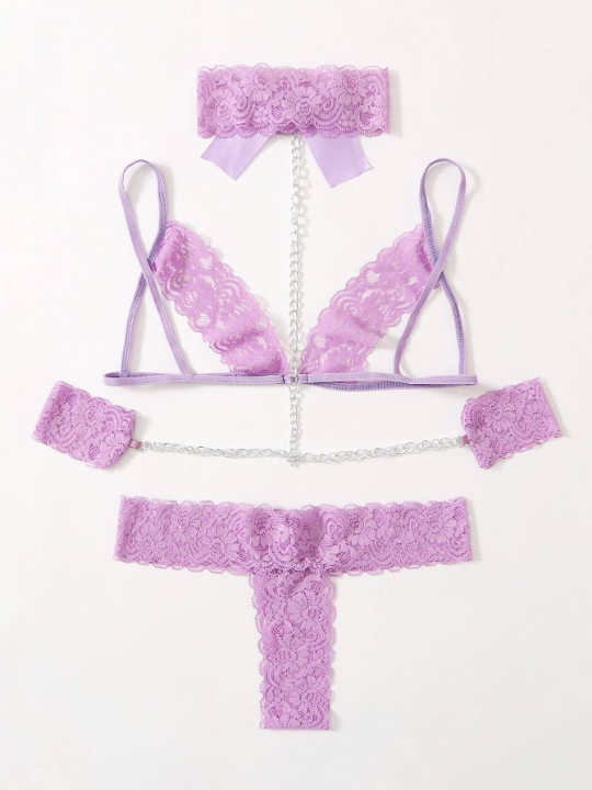 Cut-out Lace Lingerie Set & Choker & Cuffs