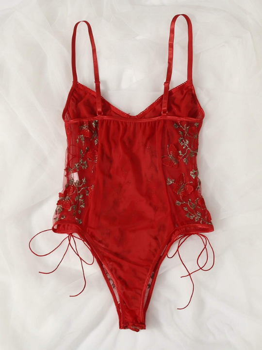 Embroidered Butterfly Mesh Lace-Up Teddy Bodysuit